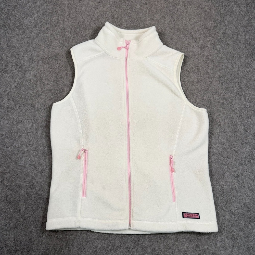Vineyard Vines White Pink Fleece Full Zip-Up Vest Jacket Women's Size Small